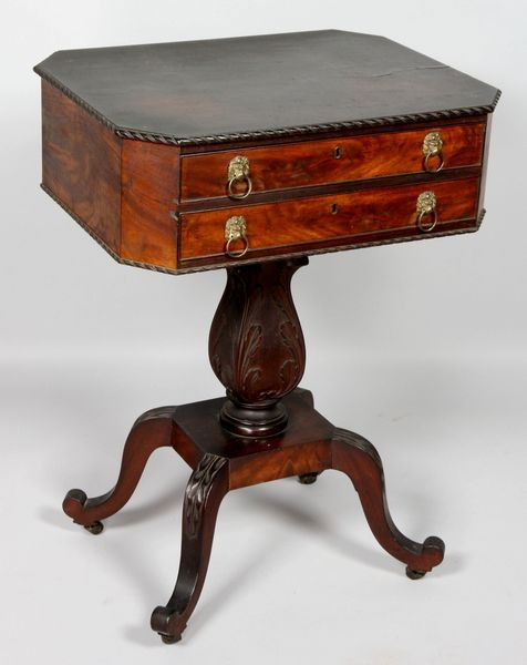 Mahogany 2-Drawer Stand: 18th century two-drawer stand having acanthus carving, in the manner of Duncan Phyfe, mahogany, 29"h x 21 1/2"w x 17"d.