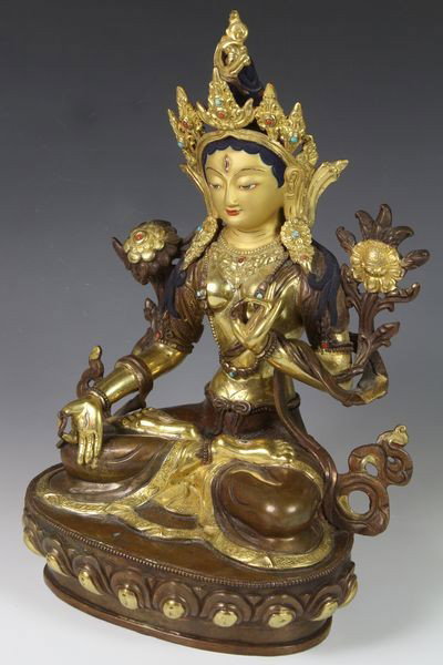 Nepalese Bronze Buddha: Bronze seated Buddha, gold leaf with inlaid turquoise and coral stones, Nepal, possibly White Tara, 12 1/4" x 8 1/4".