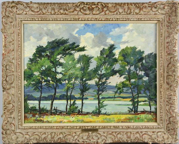 Roberts, "Summer Breeze", O/B: Tom Roberts (Ontario, Canada, 1909-1998), ARCA, O.S.A., "Summer Breeze", oil on board, signed lower left, 18 1/4" x 24 1/4", 25" x 31" (frame). Gallery tag verso with title.