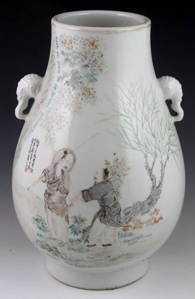 Chinese 20th C. Famille Rose Vase by Wang Zhang: Famille rose vase, China, early 20th century, the pear-shaped body delicately painted two classical figures in a landscape on one side and a pair of oxen on the other, with elephant-form handles, by W