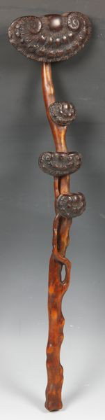 Chinese 19th C. Zitan/Boxwood Ruyi Scepter: Ruyi scepter, China, 19th century, the branch of carved boxwood and the multiple lingzhi heads of carved zitan, 15"l.