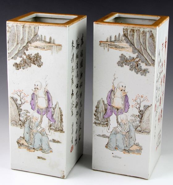 Pair of Chinese 19th C. Vases: Pair of famille rose square vases, China, 19th century, painted with figures on one side, with calligraphy on the other sides, mark on base, 11"h x 4 3/8"w.