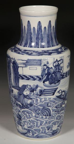 Chinese 20th C. Blue and White Vase: Blue and white vase, China, early 20th century, the rouleau form body decorated with a scene of warriors at the seashore, the tall neck painted with a ring of bats amid clouds and a leaf or feather de
