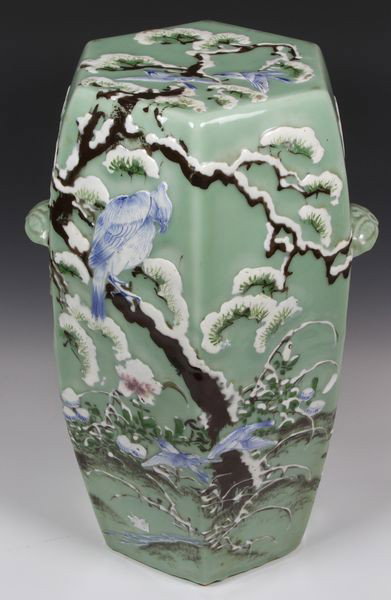 Japanese 20th C. Celadon Ground Garden Seat: Celadon garden seat, Japan, early 20th century, the hexagonal form decorated with birds in a flowering tree, 21"l.