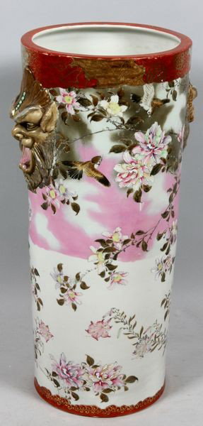 Meiji Period Satsuma: Satsuma umbrella stand, Japan, Meiji Period, with dragon-mask handles, 24"h.