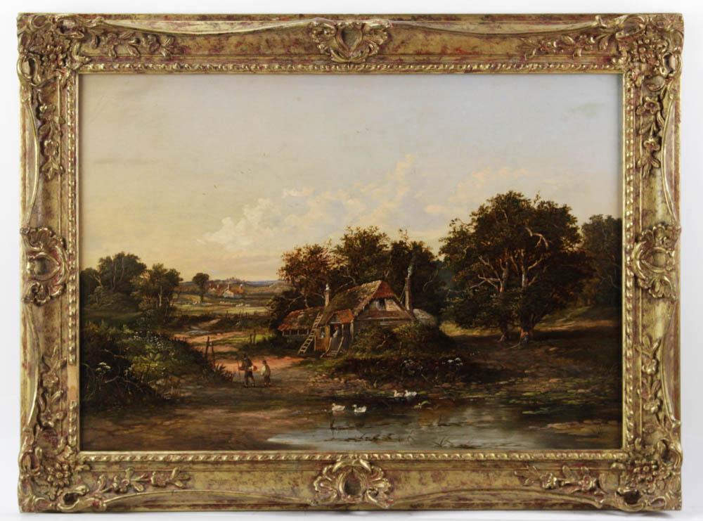 William Frederick Hulk, English Village, Oil on Canvas: William Frederick Hulk (British, 1852-1906), English village, oil on canvas, signed L/R, 18" x 26", framed 23 1/4" x 31 1/4". Provenance: Peabody, Massachusetts collection.