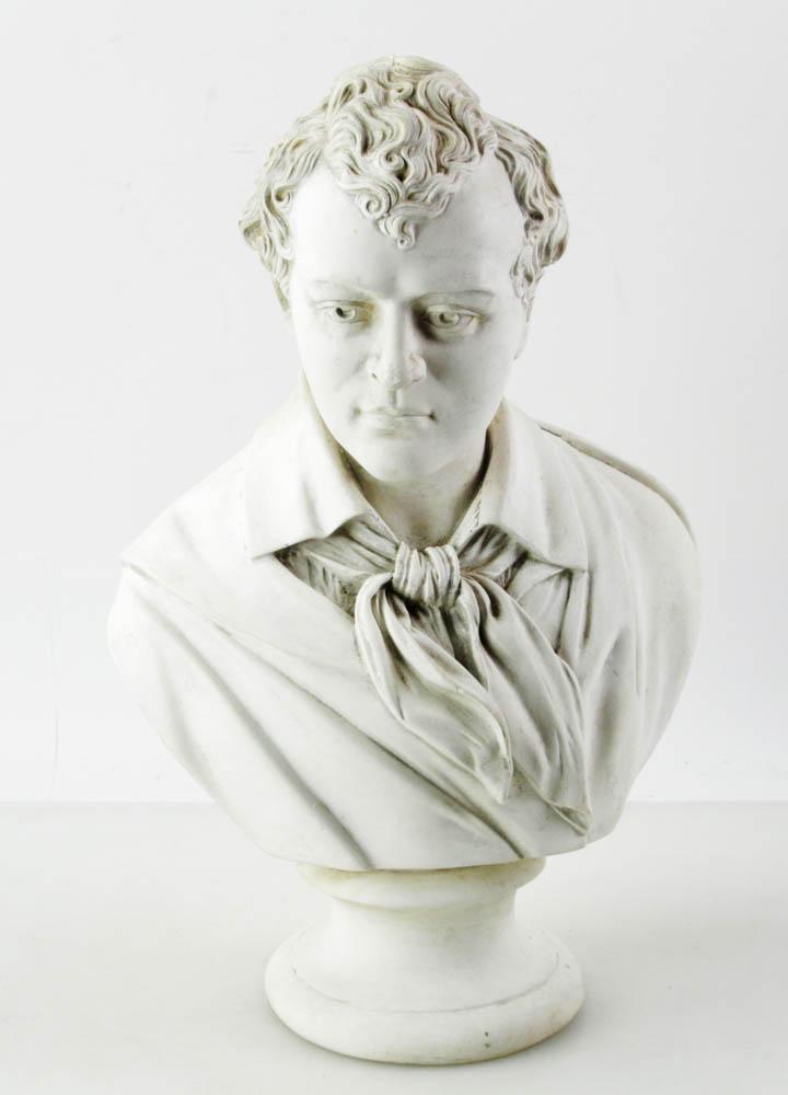 Bust of Lord Byron by Robinson & Leadbeater: Antique parian ware/bisque bust of Lord Byron by Robinson & Leadbeater, approximately 19" x 12". Provenance: Estate of Henry F. Merrill of Portland, Maine.