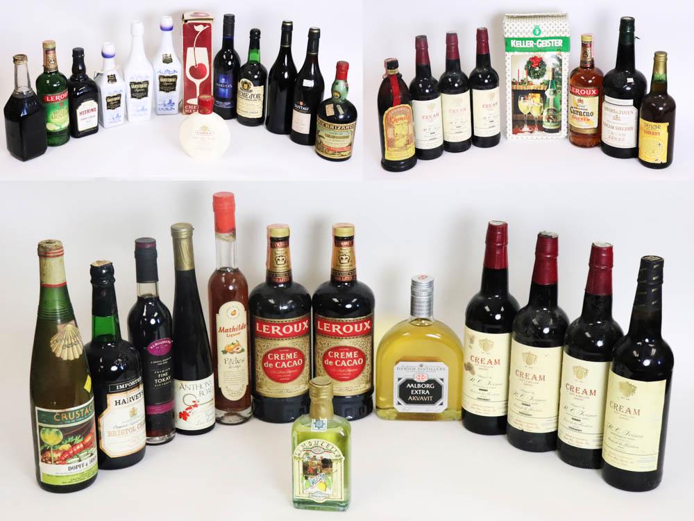 Group of Assorted Liquors: Assorted liquors, to include: (2) Keller-Geister white Rhine; Leroux Orange Curacao; Taylor sherry; (7) Cream sherry; Kahlua; Savory & James cream sherry; (2) Harvey's Bristol Cream; (2) Lustau sherry