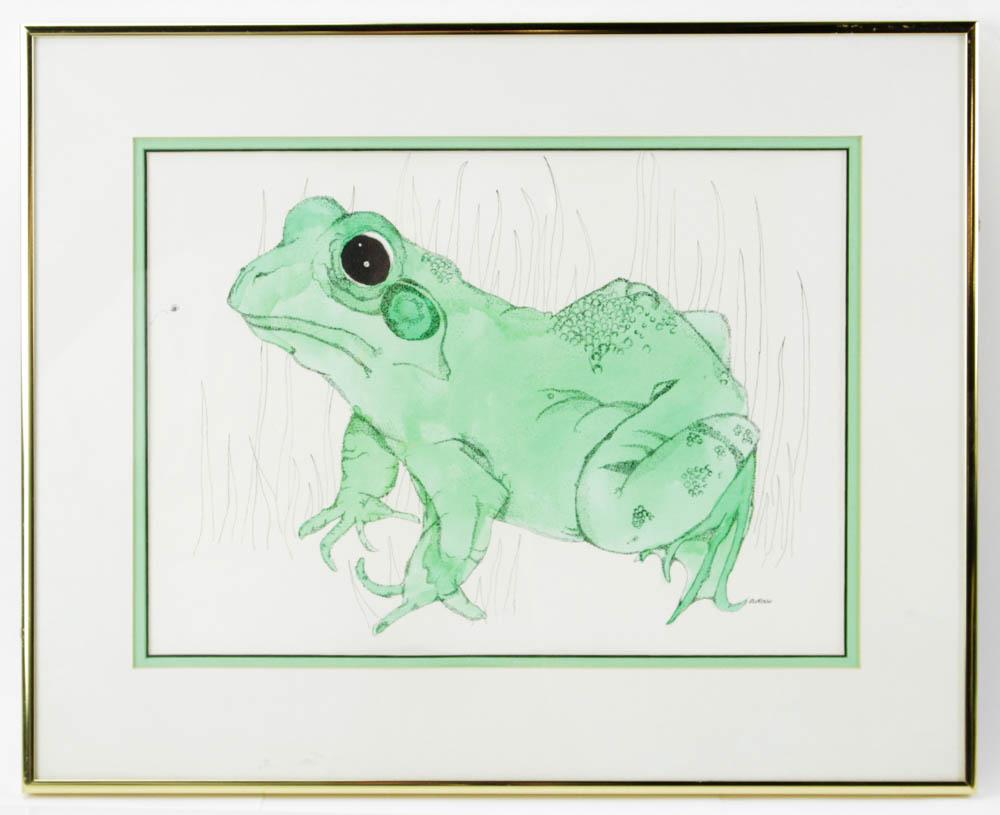 Kathleen DuRoss Ford, Watercolor of Frog: DuRoss (Kathleen DuRoss Ford) signed watercolor of frog, framed 15" x 19". Provenance: Palm Beach, Florida estate.