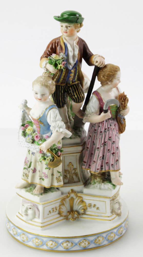 KPM Porcelain Grouping of Children, 4 Seasons: KPM porcelain grouping of children symbolizing the four seasons, 9 1/2" x 5". Small chip. Provenance: Palm Beach, Florida estate.
