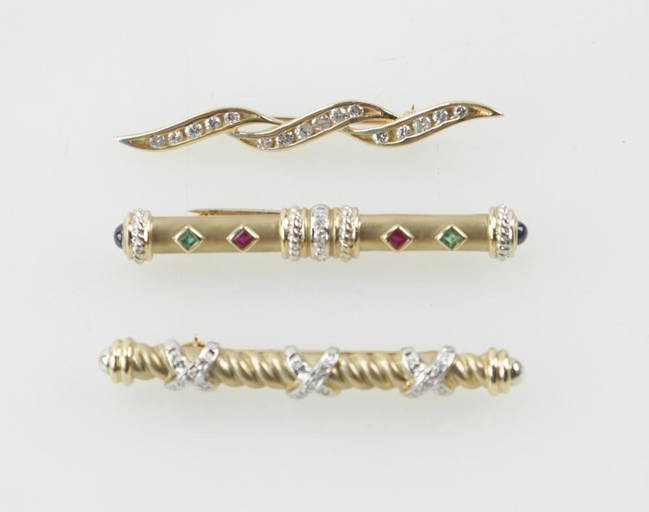 Group of 14k Gold Bar Pins with Gemstones (0556) on Jan 07, 2023