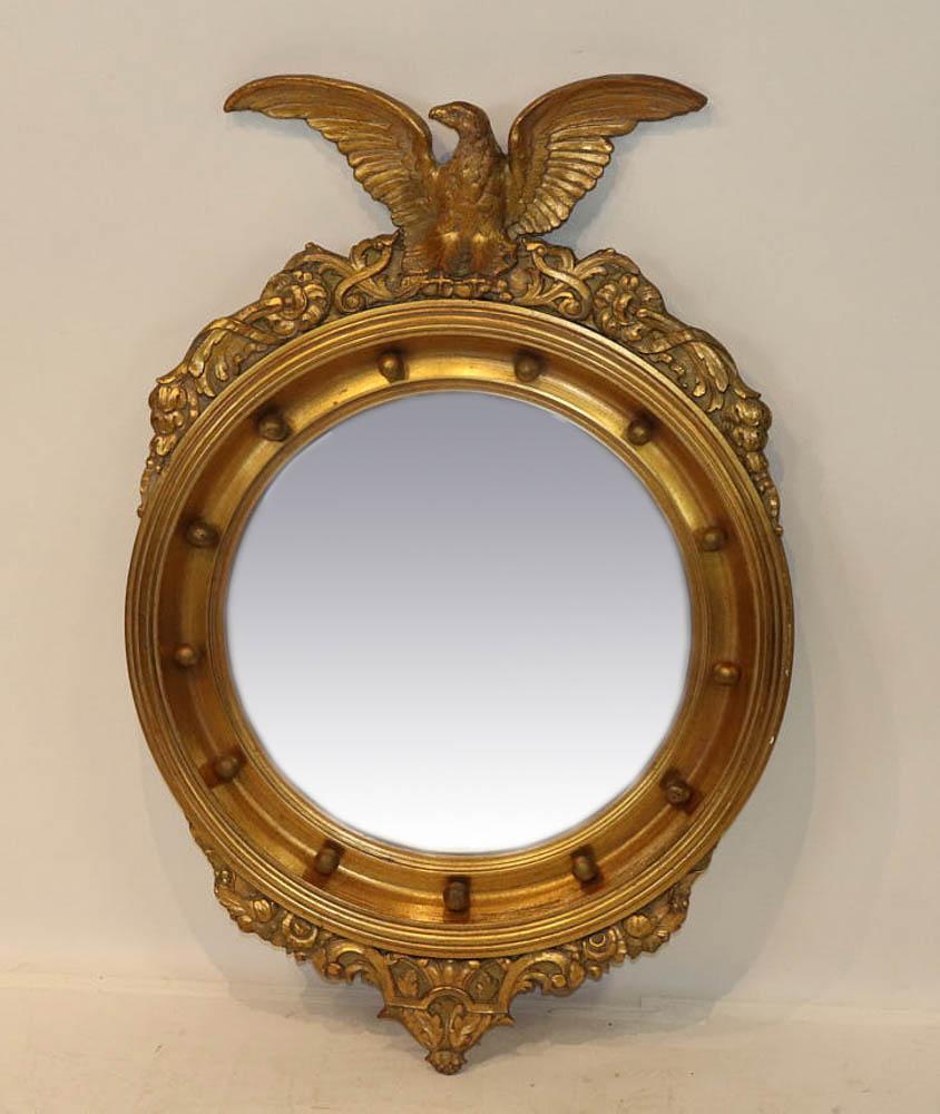Federal-Style Giltwood Convex Mirror: Federal-style giltwood convex mirror, 37" x 25".