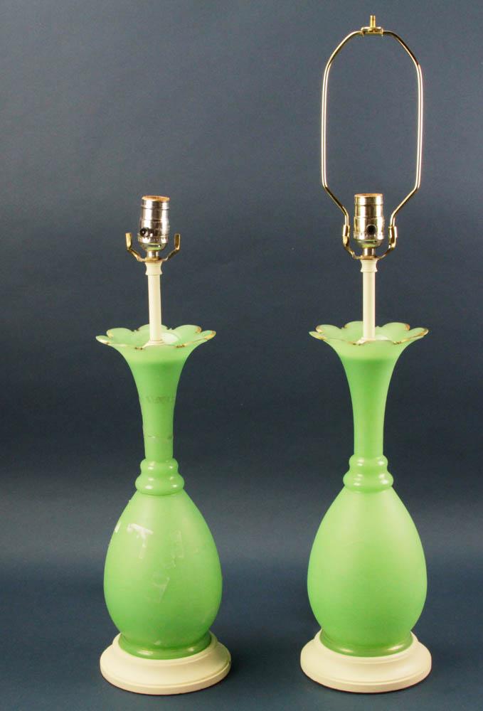 Pair of Green Bristol Lamps: Pair of green Bristol lamps, overall 30" H, vases 15" x 5". Provenance: Abraham Feinberg estate, Bronxville, Westchester County, New York.