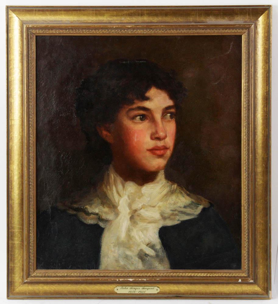 Portrait of Young Woman, Oil on Canvas: Portrait of a young woman, oil on canvas, unsigned, bears a metal tag "John Singer Sargent 1856-1925", 16" x 14", framed 19 1/2" x 17 1/2". Provenance: Clinton, Connecticut collection.