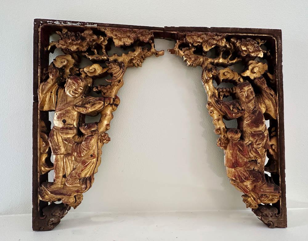 19thC Chinese Carved Giltwood Door Brackets: Two 19th century Chinese carved giltwood door brackets, 27" x 16". Provenance: The Villages, Florida collection.