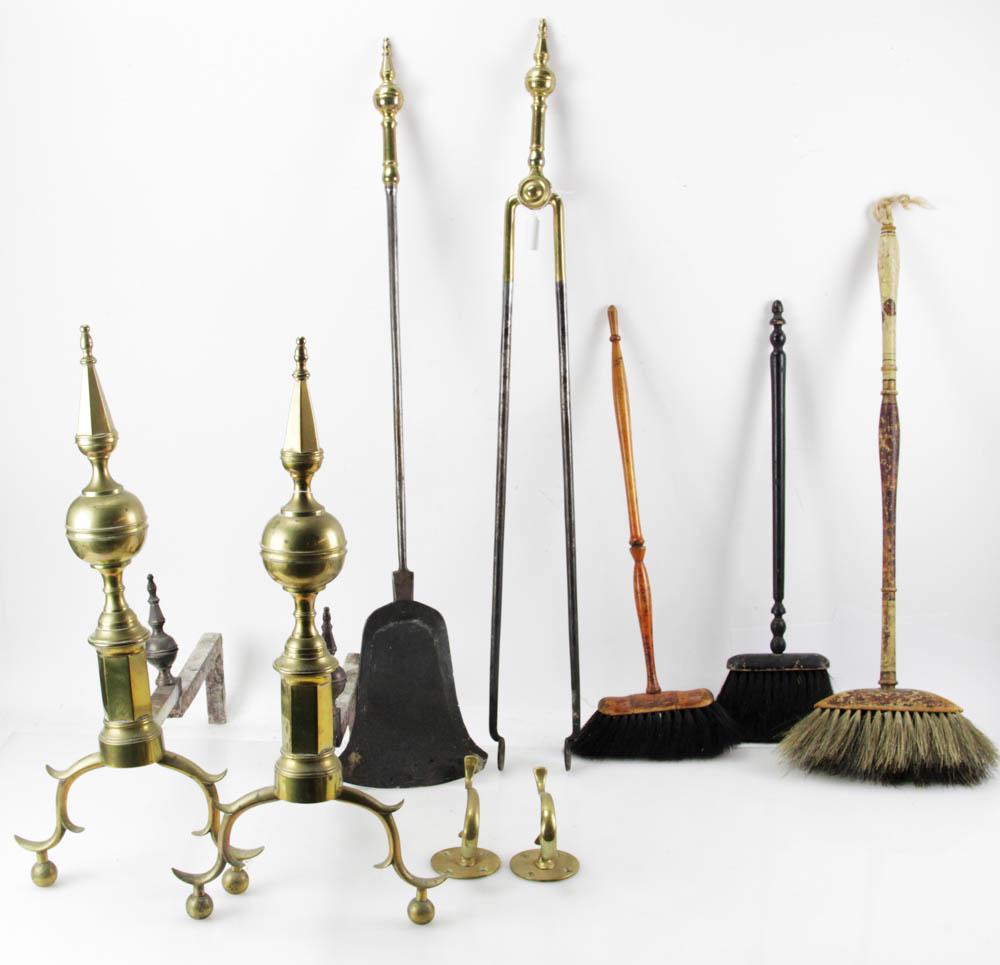 Late 18thC American Chippendale Andirons, Tools: Late 18th century American Chippendale brass andirons with matching shovel and tongs, having three brooms and brass hooks, 22 1/2" H x 20" W x 10" D. Provenance: Beverly, Massachusetts collection.