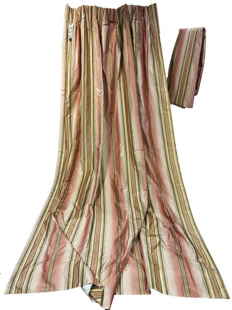 Pair of Silk Drapes: Pair of silk drapes, rose, yellow, olive, "As Is" on leading edge, 68" W x 105" L. Provenance: Palm Beach, Florida estate.