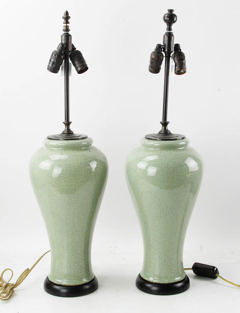 Pair of Chinese Celadon Lamps: Pair of Chinese celadon lamps, 30" H. Working. Provenance: Palm Beach, Florida estate.