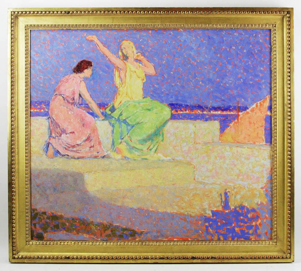 Bancroft Impressionist Oil on Canvas of Women: Bancroft, impressionist oil on canvas of two young women, signed, 28" x 32", in custom frame 33" x 37".