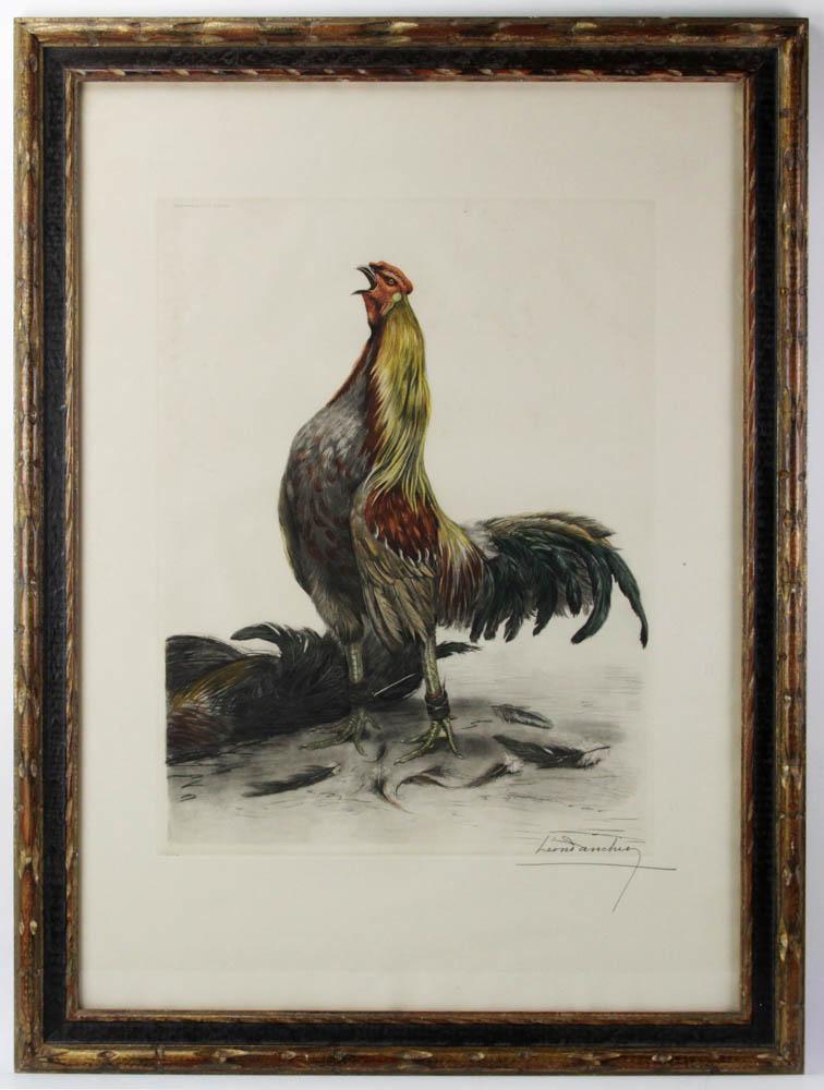 Leon Danchin, Fighting Cocks, Lithograph: Leon Danchin (1887-1938), fighting cocks, lithograph, 208/300, signed L/R in pencil, dated 1932, 25" x 19", framed 39" x 29". Provenance: Lynn, Massachusetts collection.