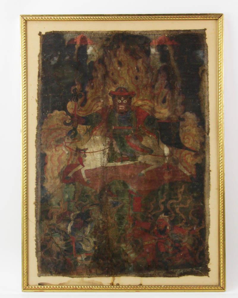 18thC Thangka on Woven Linen: 18th century thangka on woven linen, 25" x 17 1/2", framed 28" x 20". Provenance: Palm Beach, Florida estate.
