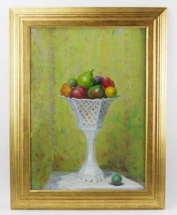 Wayman Adams, Still Life Fruit, Oil on Canvas: Wayman Adams (1883-1959), still life with fruit, oil on canvas, 28" x 20", framed 35" x 27". Provenance: Beverly, Massachusetts collection.