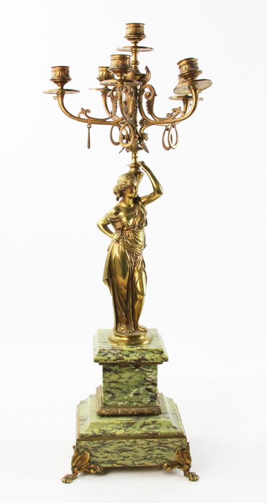19th C Bronze and Marble Candelabra: 19th century bronze and marble candelabra, six light, 26" H. Provenance: Fairfield, Connecticut collection.