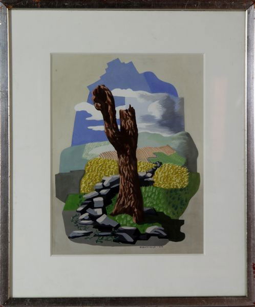 Billings, Fallen Stone Wall, Gouache: Henry Billings (American, b. 1901), Fallen Stone Wall, gouache on paper, signed and dated '44 lower right, 14 1/2" x 11 1/2", 22 1/2" x 18 3/4" (frame, under glass). (E4738)