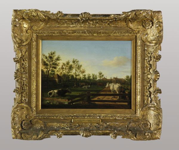 Dutch Farm Scene, O/C: Labeled "J. Van der Heijden (1637 - 1712) and Adriaen Van de Velde (Dutch, 1635 - 1672)", Dutch farm scene, oil on canvas, inscribed on fence indistinctly, 9 3/4"h x 12 3/4"w (sight), 18"h x 21"w (fra