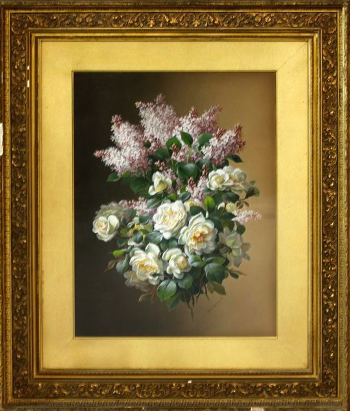 De Longpre, Roses and Lilac, Watercolor: Raoul Maucherat De Longpre (French 1843–1911), Roses and Lilac, watercolor, signed lower center, in period decorative frame, under glass, 27 1/2"h x 20"w (sight), 42"h x 35"w (frame).