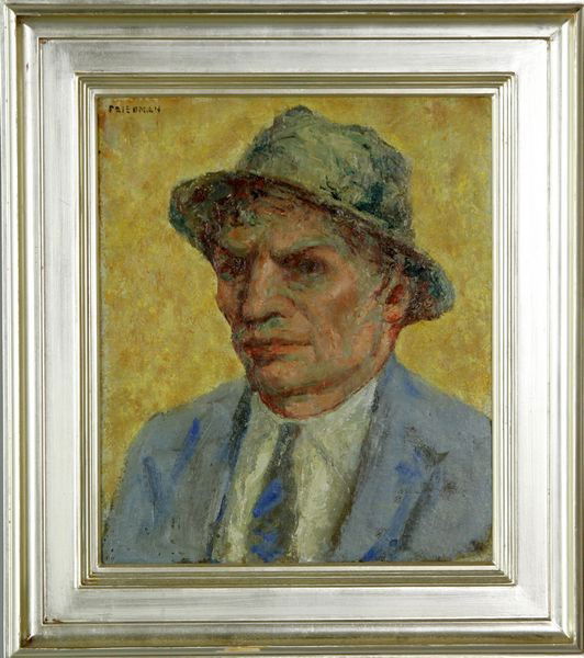 Friedman, Self Portrait, O/P: Arnold Friedman (American, 1879 - 1947), self portrait, oil on wood panel, signed upper left, text verso, 13 3/4"h x 11 3/4"w (sight), 19 1/2"h x 17"w (frame). (E521)