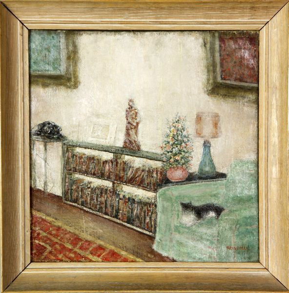 Friedman, Interior Scene, O/C: Arnold Friedman (American, 1879-1947), interior scene, oil on canvas, signed lower right, 14"h x 14"w (sight), 17 1/2"h x 17 1/2"w (frame). (E670)