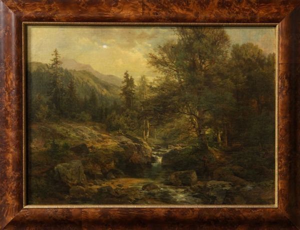 Muhlig, Fisherman in Stream, O/C: Bernhard Muhlig (German, 1829-1910), fisherman in wooded stream, oil on canvas, 16" x 22", 21" x 27" (frame). One spot where cleaning was attempted.