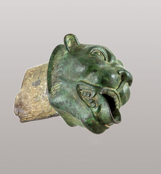 Ancient Roman Lioness Water Spout: Ancient Roman lioness water spout, bronze and lead, labeled Giovanni Pisano, 7"h x 6"w x 5"d. (E2282)