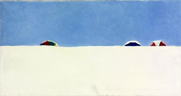 Scott, Beach Umbrellas, O/C: David Scott, Beach Umbrellas, oil on canvas, pen inscribed verso, France '77, 16" x 30". Gallery label verso, MacLean Gallery, London. (E4553)