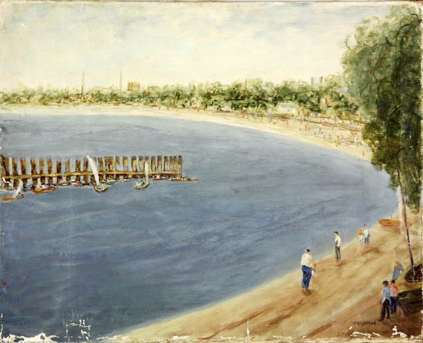 Friedman, Beach, O/C: Arnold Friedman (American, 1874-1946), beach, oil on canvas, signed lower right, 24"h x 30"w. Paint loss at edges. (E2058)