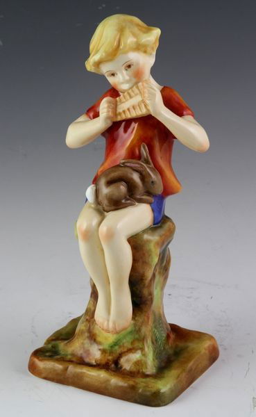 Royal Worcester Figurine of Peter Pan: Royal Worcester figurine of Peter Pan, modeled by F. Gertner, circa 1938, 8"h. One .125" chip on back of base.