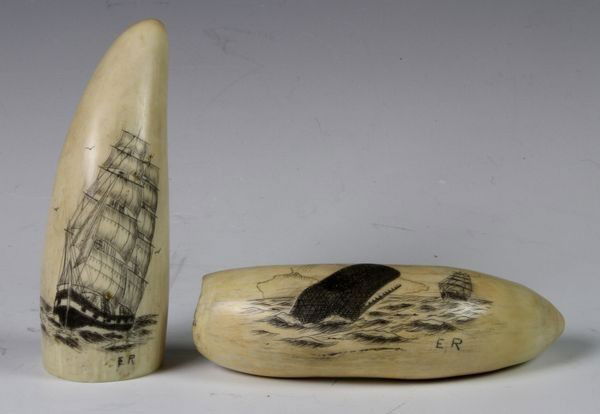 Scrimshaw Whale's Teeth: Two (2) scrimshaw whale's teeth, both signed 'E.R', one (1) depicts a breeching whale, the other a square rigger under sail, largest measures 4 3/4". Good condition.
