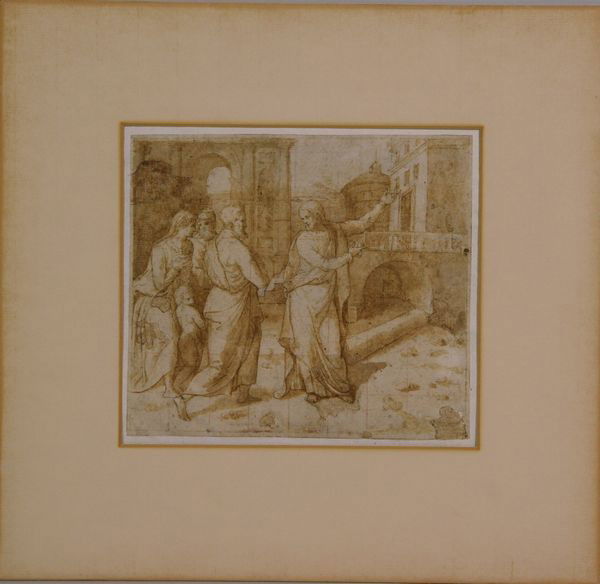 Italian Old Master Drawing: Italian Old Master drawing, classical scene, brown wash on paper, unsigned, 12 1/2" x 13" (frame). 1" area loss and other small areas of loss upper left and lower right.