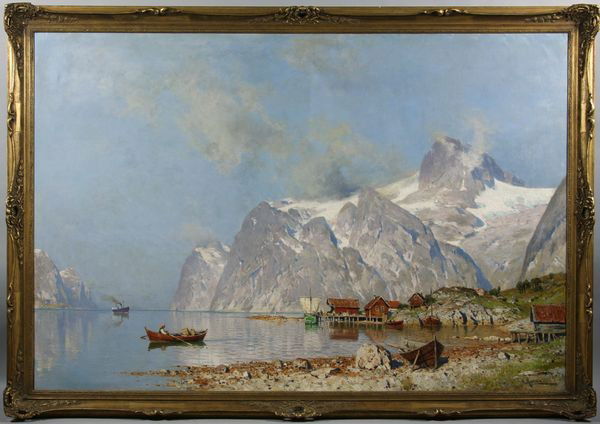 Moras, Village near Fjord, O/C: Signed Walter Moras (German, 1856-1925), village near fjord, oil on canvas, 50 1/4" x 75 1/2", 58" x 83" (frame).
