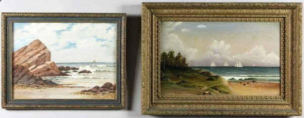 Lot of 2 coastal views: Lot of two (2) coastal views, H. MacEachern, coastal shore with boat, watercolor, signed, 11 1/2" x 15 1/2", 14 1/2" x 18 1/2" (frame); C.M. Cox, Coastal view, oil on artist board, signed lower right,