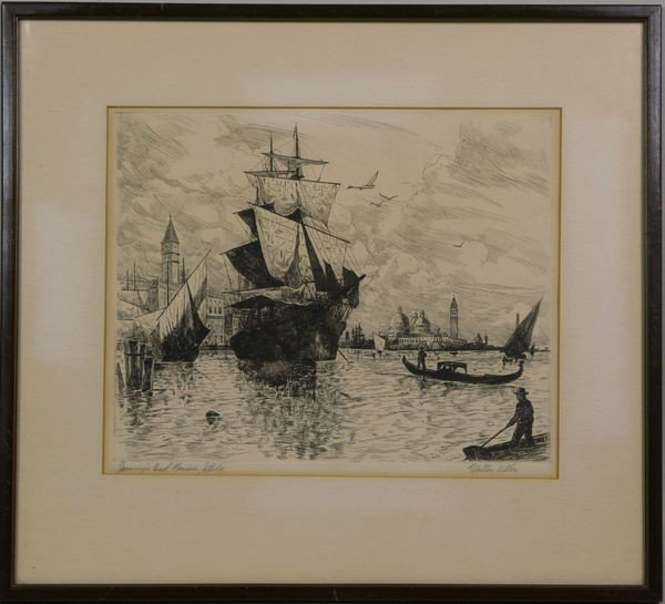 Keller, Venice, Etching: Walter Richard Keller (American, 1892 - 1940), "Journey's End", Venice, Italy, etching, 8 1/2" x 10", 13 3/4" x 15 1/8" frame size.