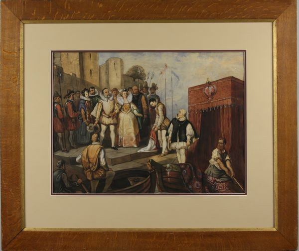 Royal Marriage, W/C: Earl of Bothwell marrying the Queen of Scots at the castle in Edinburgh, watercolor, 18 1/2" x 25 1/4", 33 1/2" x 39 1/4" frame size.
