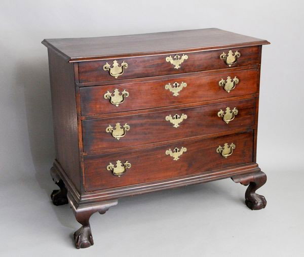 C. 1780 Mahogany Chippendale Chest: Circa 1780, Chippendale chest, old-finished bow fronted Cuban mahogany, ball and claw feet, Exeter NH area, 35"h x 36 1/2"l x 20 1/2"d.