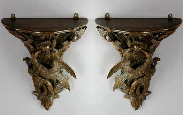 C. 1800 Pair of Wall Shelves: Circa 1800, Pair of wall shelves, phoenix motif, hand carved in the manner of Thomas Chippendale's 'directory' circa 1765, 15 1/2"h x 12"h.