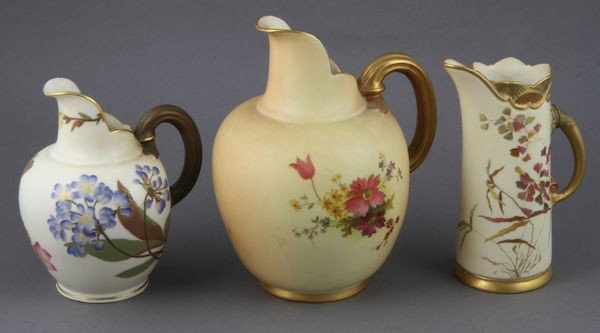 Lot of 3 Royal Worcester Pitchers: Lot of three signed Royal Worcester pitchers, largest 7"h. Flat 3/8" chip under base of largest.