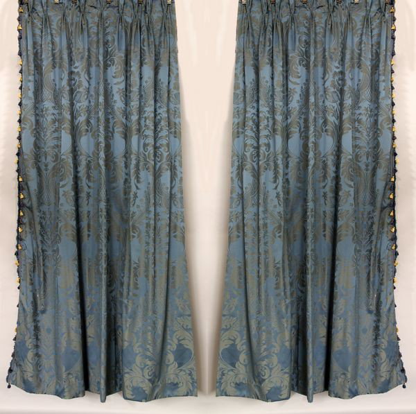 2 Pairs of Blue Damask Fortuny Style Drapes: Two pairs of blue damask Fortuny style pattern drapes, having two tassel tiebacks, 102"l x 77"w.