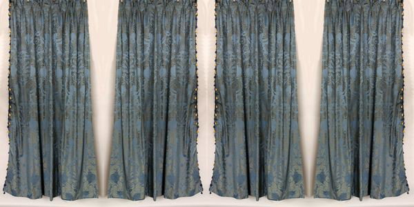 2 Pairs of Blue Damask Fortuny Style Drapes: Two pairs of blue damask Fortuny style pattern drapes, having two tassel tiebacks, 102"l x 77"w.