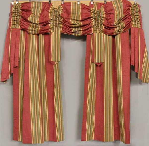 2 Pairs of Damask Striped Drapes and Valances: Two pairs of burgundy and bronze damask striped drapes, two matching valances included, 111"l x 75"w.