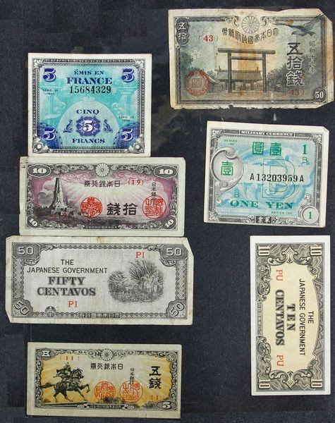 4 Pages of Scrip Paper Money and Postage Stamps: Four pages: Japanese WWII scrip paper money, some Vietnamese, non-cancelled US postage 4 cents and 3 cents on G.A.R. envelope (Lynn, Mass.).